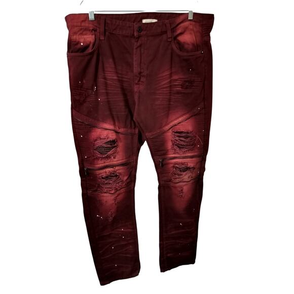 M652)Smoke Rise Burgundy Biker Distressed Splatter Zipper Tapper Jeans Sz 42/32 - Picture 1 of 9